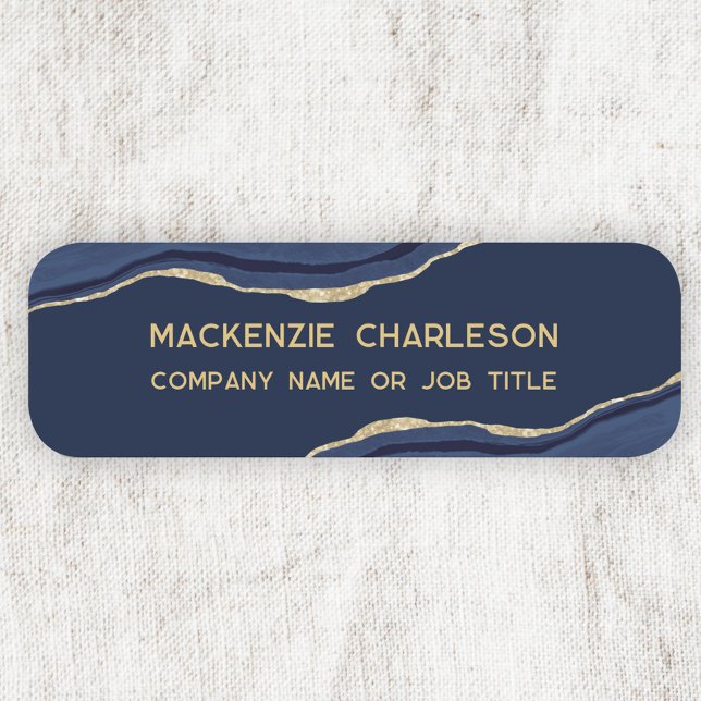 Navy Blue Marble Agate Geode Gold Glitter Business Name Tag (Navy blue gold agate marble geode professional business name tag)