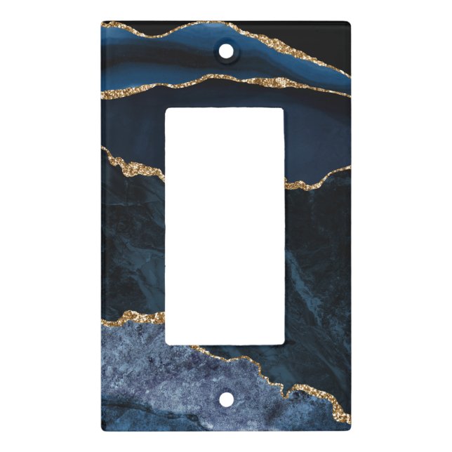 Navy Blue Marble Agate Geode Gold Glitter Light Switch Cover (Front)