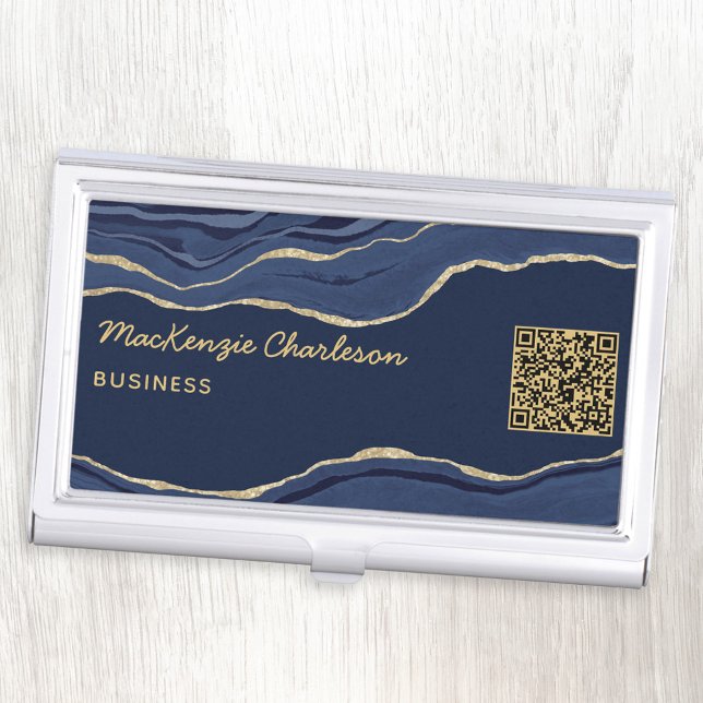Navy Blue Marble Agate Geode Gold Glitter QR Code Business Card Case (Navy blue gold marble agate geode professional business card holder with QR code)
