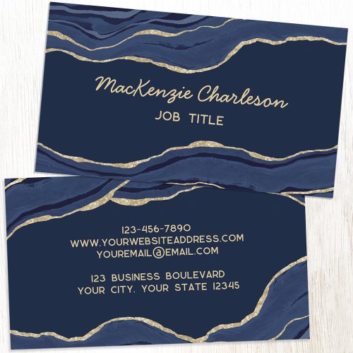 Navy Blue Marble Agate Gold Glitter Business Card
