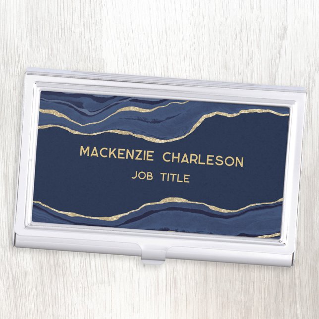 Navy Blue Marble Agate Gold Glitter Geode Business Card Case (Navy blue gold marble agate geode professional business card holder)