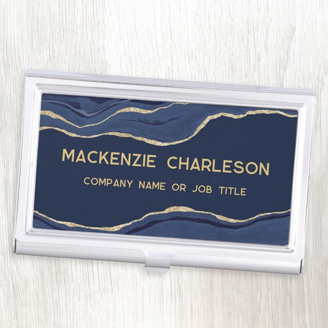 Navy Blue Marble Agate Gold Glitter Geode Business Card Case (Navy blue agate marble geode with gold detail personalized business card holder case)