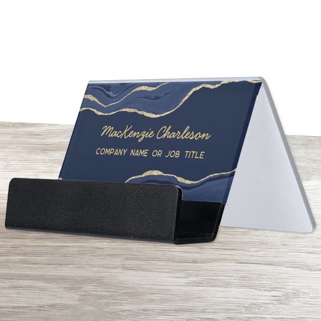 Navy Blue Marble Agate Gold Glitter Geode Desk Business Card Holder (Navy blue gold marble agate geode personalized custom text desk top business card holder)