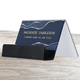 Navy Blue Marble Agate Gold Glitter Geode Desk Business Card Holder
