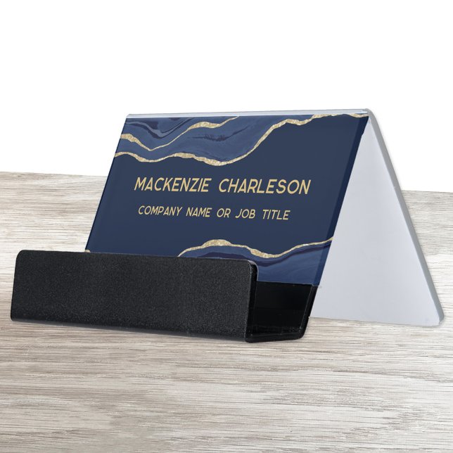 Navy Blue Marble Agate Gold Glitter Geode Desk Business Card Holder (Navy blue gold marble agate geode personalized custom text desk top business card holder)