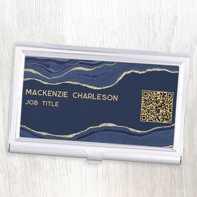Navy Blue Marble Agate Gold Glitter Geode QR Code Business Card Case (Navy blue gold marble agate geode professional business card holder with QR code)