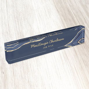 Navy Blue Marble Agate Gold Glitter Professional Desk Name Plate