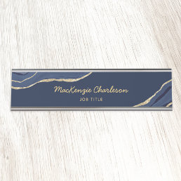 Navy Blue Marble Agate Gold Glitter Professional Desk Name Plate