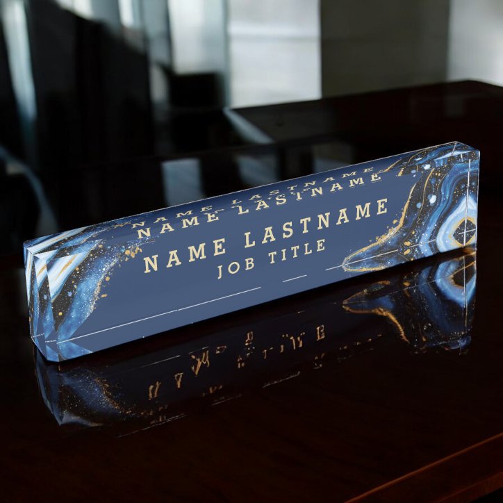 Navy Blue Marble Agate Gold Glitter Professional Desk Name Plate