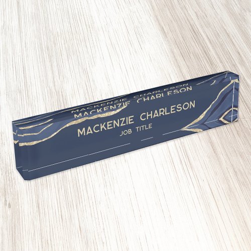 Navy Blue Marble Agate Gold Glitter Professional Desk Name Plate