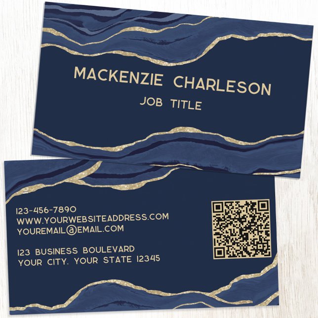 Navy Blue Marble Agate Gold Glitter QR Code Busine Business Card (Navy blue gold agate marble geode personalized business card with QR code)