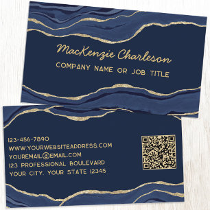 Navy Blue Marble Agate Gold Glitter QR Code Business Card