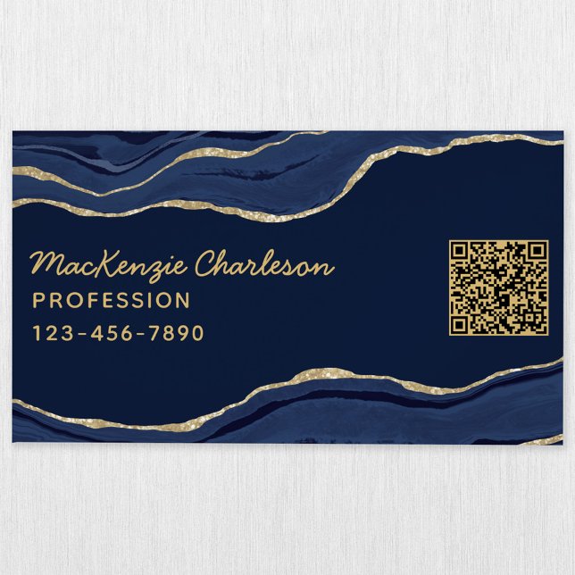 Navy Blue Marble Agate Gold Glitter QR Code Geode Business Card Magnet (Navy blue gold agate marble geode business card magnet with custom text)