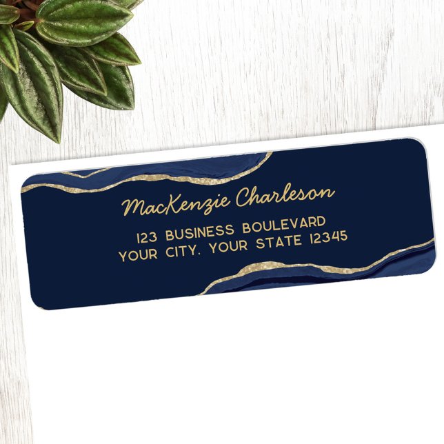 Navy Blue Marble Agate Gold Glitter Return Address Label (Navy blue agate marble geode with gold detail personalized return address label)