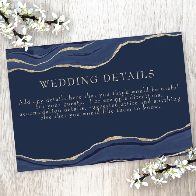Navy Blue Marble Agate Gold Glitter Wedding Detail Enclosure Card (Creator Uploaded)