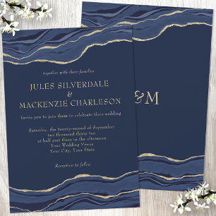 Navy Blue Marble Agate Gold Glitter Wedding Invitation