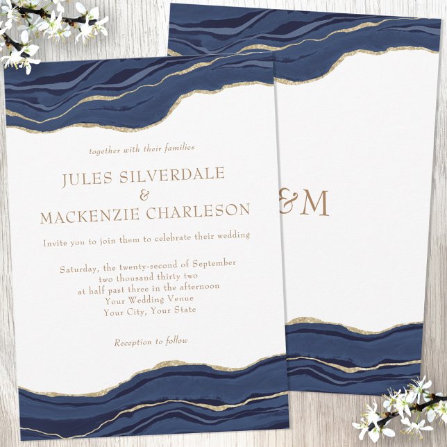  Navy Blue Marble Agate Gold Glitter Wedding Invitation (Creator Uploaded)