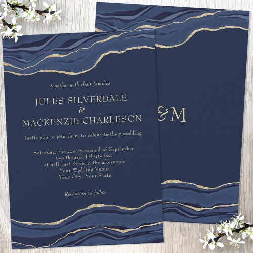  Navy Blue Marble Agate Gold Glitter Wedding Invitation
