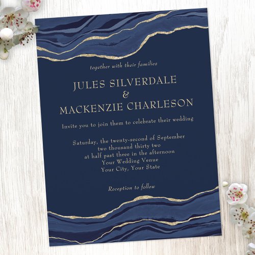 Navy Blue Marble Agate Gold Glitter Wedding Invite