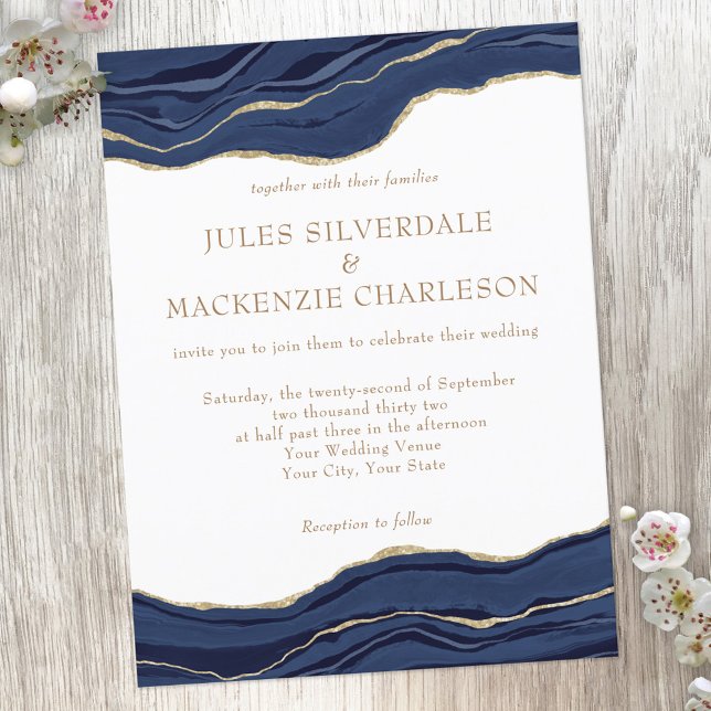 Navy Blue Marble Agate Gold Glitter Wedding Invite (Creator Uploaded)