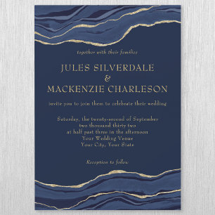 Navy Blue Marble Agate Gold Glitter Wedding Magnetic Invitation