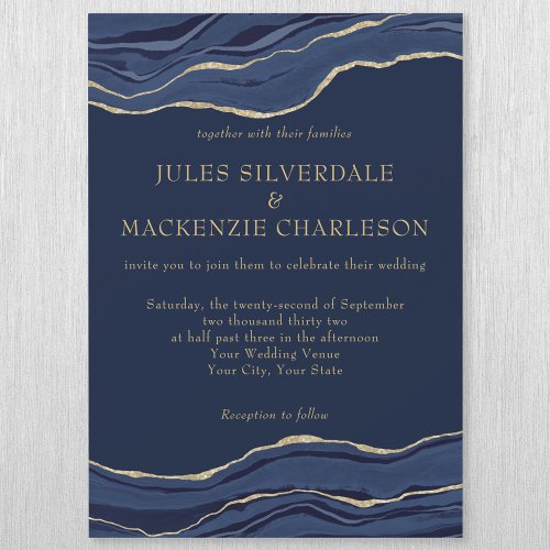 Navy Blue Marble Agate Gold Glitter Wedding Magnetic Invitation