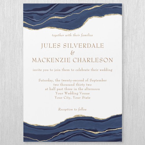 Navy Blue Marble Agate Gold Glitter Wedding Magnetic Invitation