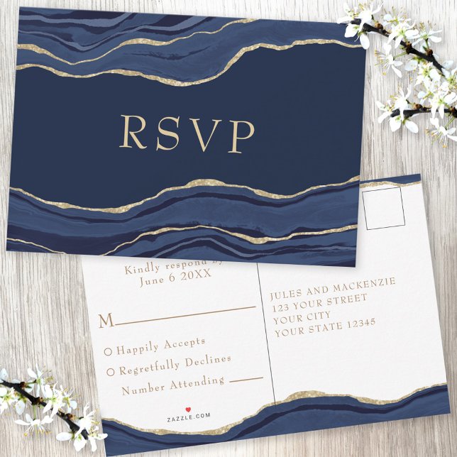 Navy Blue Marble Agate Gold Glitter Wedding RSVP (Creator Uploaded)