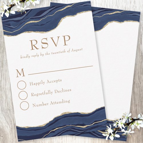 Navy Blue Marble Agate Gold Glitter Wedding RSVP Card