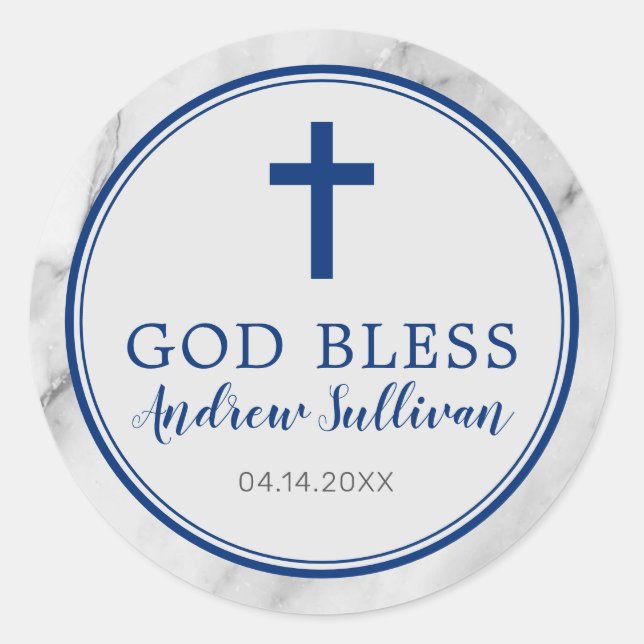 Navy Blue Marble Baptism Favor Classic Round Sticker (Front)