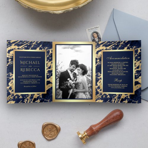 Navy Blue Marble Faux Gold Foil Photo Wedding Tri_Fold Invitation