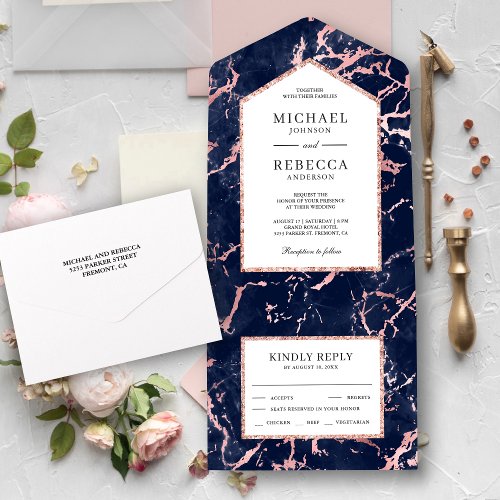 Navy Blue Marble Faux Rose Gold Foil Wedding All In One Invitation