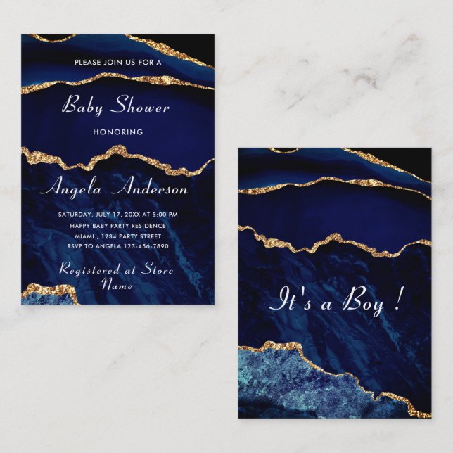 Navy Blue Marble Gold Baby Boy Shower Invitation (Front/Back)