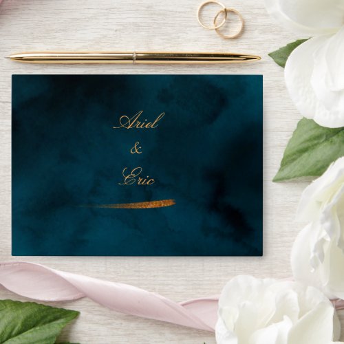 Navy Blue Marble  Gold Eucalyptus Elegant Wedding Envelope