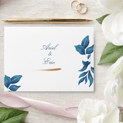 Navy Blue Marble  Gold Eucalyptus Elegant Wedding Envelope