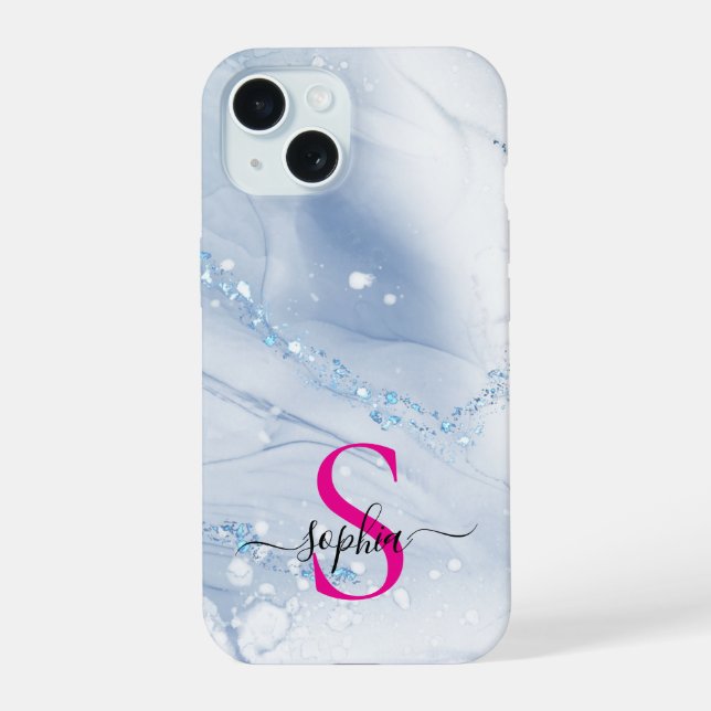 Navy blue marble gold glitter monogram iphone case (Back)