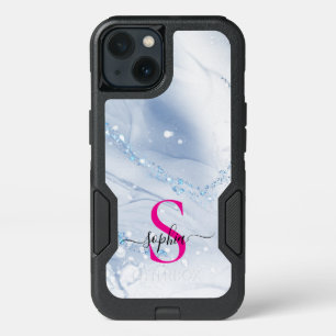 Navy blue marble gold glitter monogram iPhone 13 case