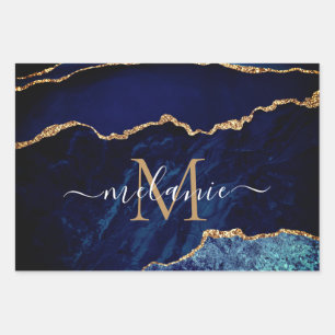 Navy Blue Marble Name Letter Wrapping Paper Sheets