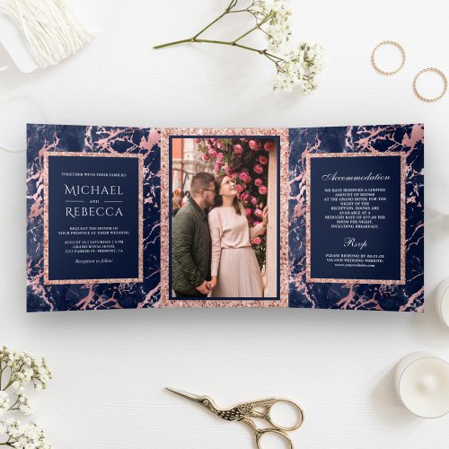 Navy Blue Marble Rose Gold Glitter Photo Wedding Tri_Fold Invitation