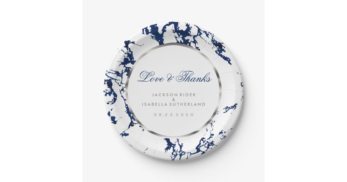 Navy Blue Marble Silver And White Paper Plate Zazzle Com