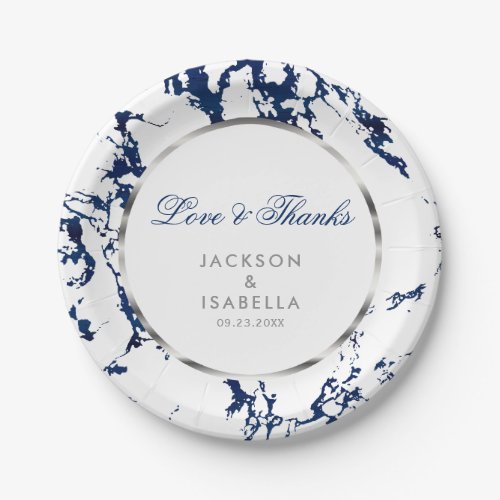 Navy Blue Marble Silver and White Paper Plates