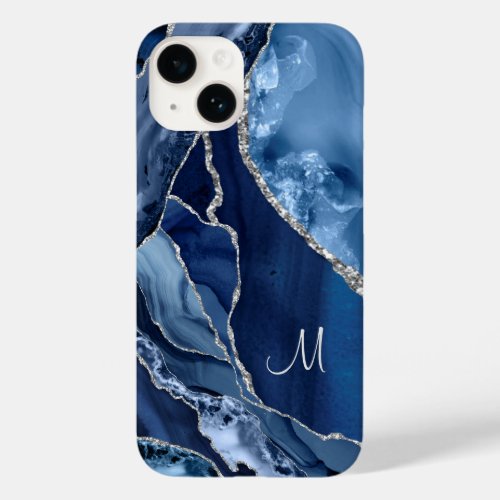 Navy Blue Marble Silver Glitter Girly Glam Case_Mate iPhone 14 Case