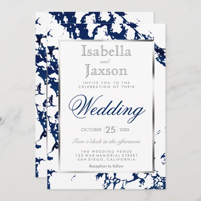 Navy Blue Marble, Silver & White Invitation (Front/Back)