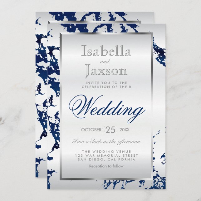 Navy Blue Marble, Silver & White Satin Invitation (Front/Back)
