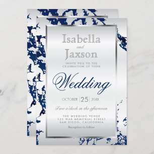 Navy Blue Marble, Silver & White Satin Invitation