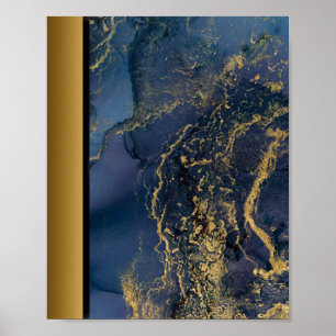 Navy Blue Marble Stone / Black Gold Border Art Poster