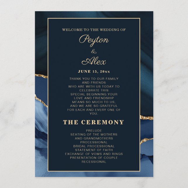 Navy Blue Marble Wedding Program Bridal Party  (Front)