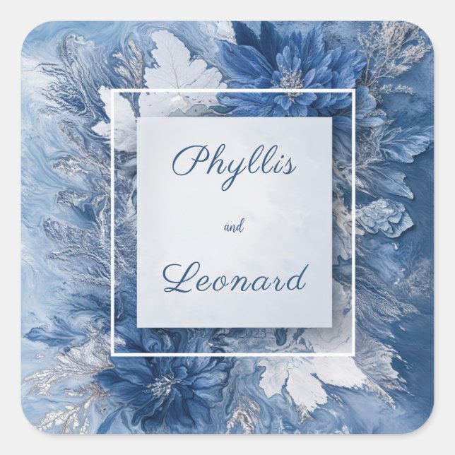 Navy Blue Marbled Floral Monochrome Modern Square Sticker (Front)