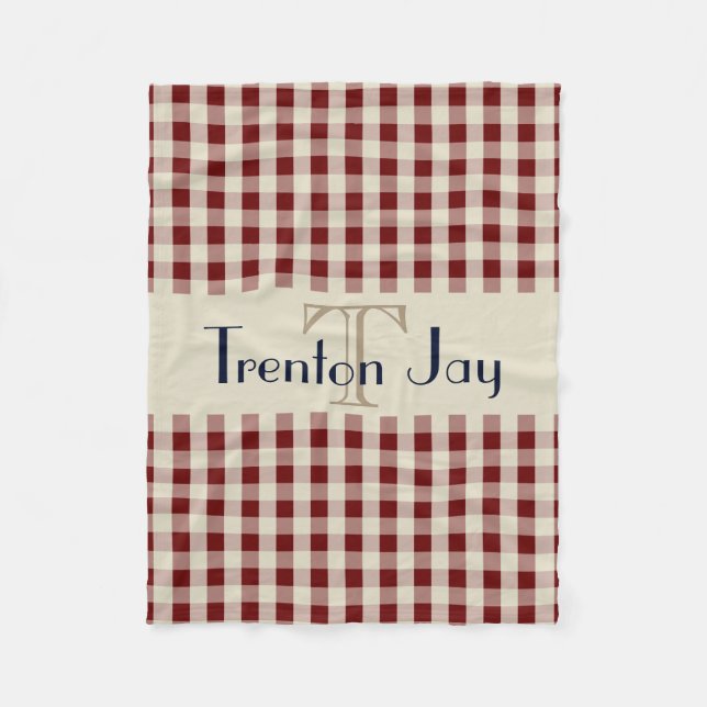 Navy Blue Maroon Check Pattern Monogram Name Boys Fleece Blanket (Front)