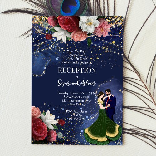 Navy blue maroon glitter dancing couple reception invitation